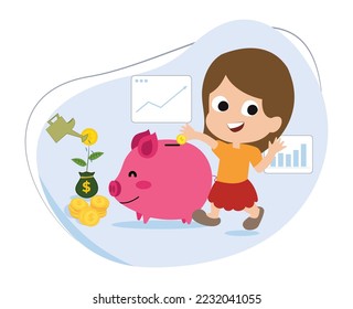 cartoon character kids learning to invest and save. girls save money in a piggy bank. children invest from childhood. simple investment concept