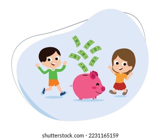 cartoon character of kids saving money in piggy bank. save for the kids. simple investment concept