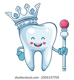 Cartoon character of a king tooth with crown and scepter in his reign. Prevention, diagnosis and treatment of tooth and gum diseases. Dental hygiene and oral care. Tooth decay prevention