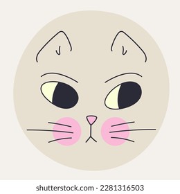 Cartoon character, kitten design. Social network message, grey cat with black eyes. Funny mascot, flat design, drawing emotion. Isolated on white

