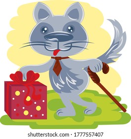 Personaje de caricatura Gatito con una caja de regalo.