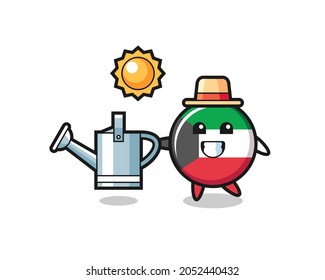 Cartoon character of kuwait flag badge holding watering can , cute design