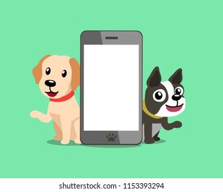 Cartoon Character Labrador Retriever Dog And Boston Terrier Dog With Smartphone For Design.