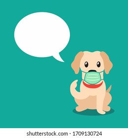 Cartoon character labrador retriever dog wearing protective face mask with speech bubble for design.