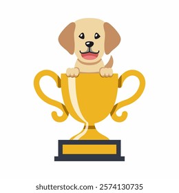 Cartoon character labrador retriever dog with gold trophy cup award for design.