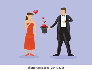 Cartoon character of lady in red long dress and magician in tuxedo holding a tall hat with hearts coming out of it. Vector illustration for proposal surprise isolated on plain purple background.