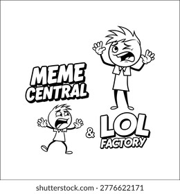 A cartoon character laughing in front of a meme central and LOL factory sign silhouette