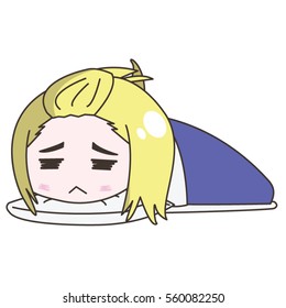 Cartoon Character lazy girl laying down on the mattress and covered by blue blanket, Lazy concept. Vector illustration, Isolated on White Background.
