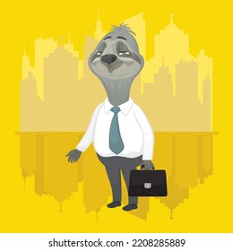 Cartoon character lazy sloth businessman working day, illustrator vector cartoon drawing