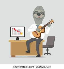 Cartoon character lazy sloth playing guitar at work place, illustrator vector cartoon drawing