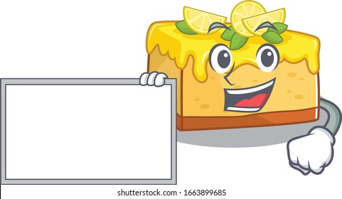 cartoon character of lemon cheesecake design concept bring a board