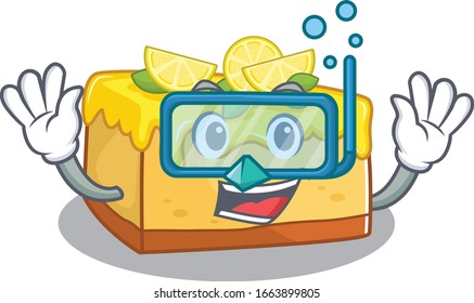 cartoon character of lemon cheesecake wearing Diving glasses