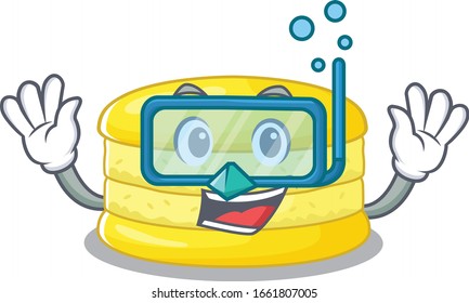 cartoon character of lemon macaron wearing Diving glasses