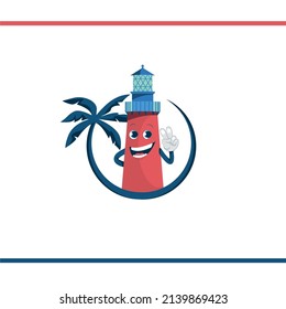 Cartoon character of lighthouse with smile in a round frame with a palm tree. Logo design. Vectror illustration