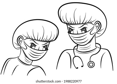 Cartoon character line illustration doctor and nurse in virus protective clothing
