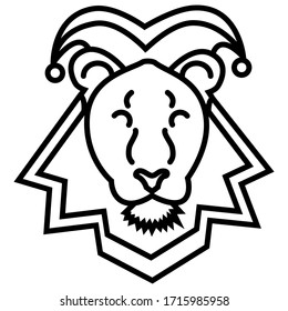 Cartoon character lion in a jester's hat. Black and white linear art. Vector simple flat illustration on a white background.