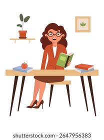 Personagem de desenho animado de professor de literatura que passa o tempo de leitura sentado na mesa elegante no escritório acolhedor com livros e planta. Ilustração vetorial em estilo plano.