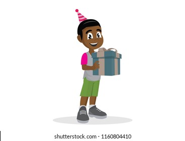 Cartoon character, Little African boy holding a gift box., vector eps10