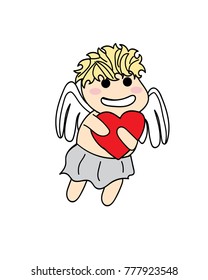 cartoon character little angel cupid hug red heart on white background concept for valentine day greeting postcard marriage couple dating lovers