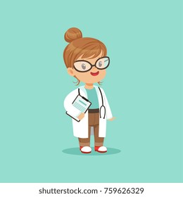 Cartoon character of little baby girl in medical white coat with clipboard in hand and stethoscope around her neck. Child playing doctor game