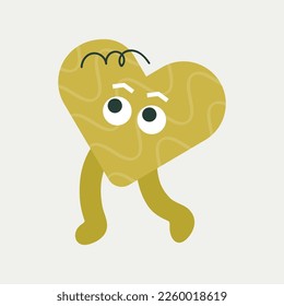 Cartoon character, little body figure. Social network message, yellow heart-shaped, goes to the left. Funny mascot, flat design, drawing emotion. Isolated on white
