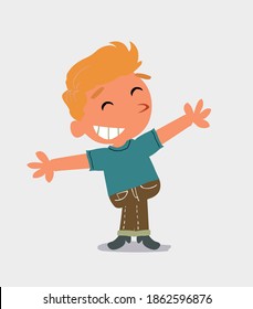 cartoon character of  little boy in jeans opening arms very happy