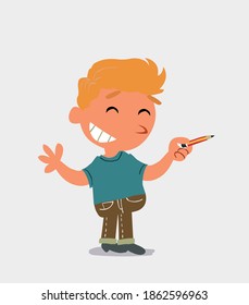 cartoon character of  little boy in jeans says something funny while pointing to the side with a pencil