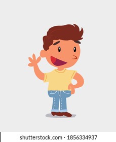 cartoon character of  little boy on jeans waving happily