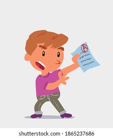 cartoon character of  little boy on jeans arguing effusively with exam in hand