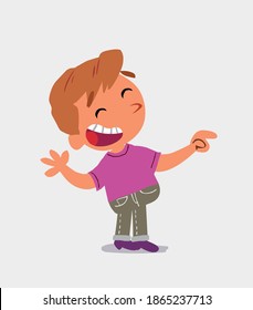 cartoon character of  little boy on jeans laughing while pointing