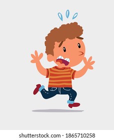 cartoon character of  little boy on jeans runs away in terror