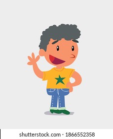 cartoon character of  little boy on jeans waving happily