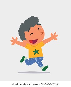 cartoon character of  little boy on jeans running euphoric