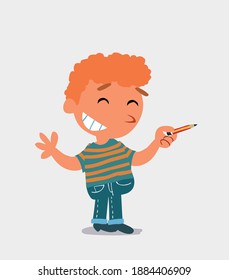 cartoon character of  little boy on jeans says something funny while pointing to the side with a pencil