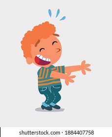 cartoon character of  little boy on jeans laughing a lot while showing something