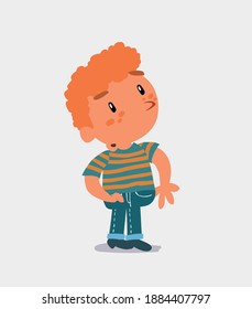 cartoon character of  little boy on jeans looks with doubt and somewhat surprised