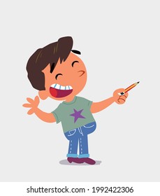 cartoon character of  little boy on jeans is happy while pointing to the side with a pencil