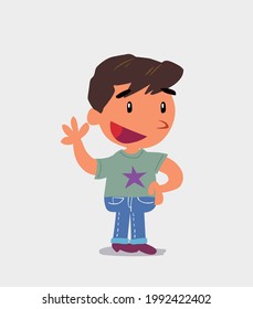 cartoon character of  little boy on jeans waving happily