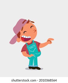 Cartoon-Charakter des kleinen Jungen auf Jeans zeigt auf seine Seite beim Lachen