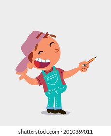 cartoon character of  little boy on jeans is happy while pointing to the side with a pencil
