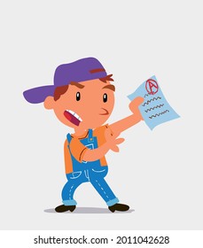 cartoon character of  little boy on jeans arguing effusively with exam in hand
