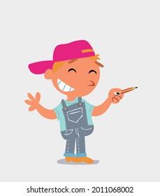 cartoon character of  little boy on jeans says something funny while pointing to the side with a pencil