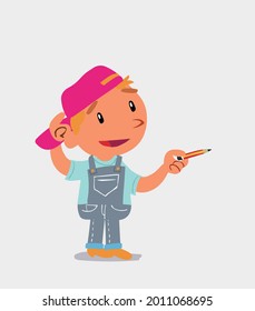 cartoon character of  little boy on jeans doubts while pointing with a pencil