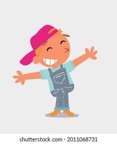 cartoon character of  little boy on jeans opening arms very happy