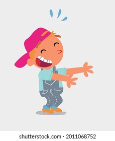 cartoon character of  little boy on jeans laughing a lot while showing something