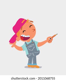 cartoon character of  little boy on jeans is happy while pointing to the side with a pencil