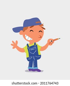 cartoon character of  little boy on jeans says something funny while pointing to the side with a pencil