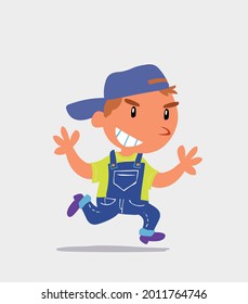 cartoon character of  little boy on jeans running very pleased