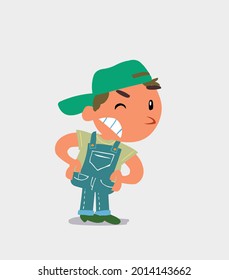 cartoon character of  little boy on jeans suspecting something wrong