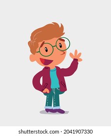 cartoon character of  little boy on jeans waving informally while smiling